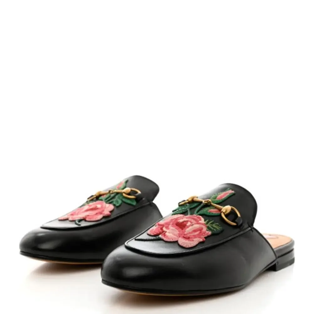 GUCCI Princetown Leather Mules Enbroidered Floral Horsebit Flats Sz. 36 NEW - Picture 4 of 12